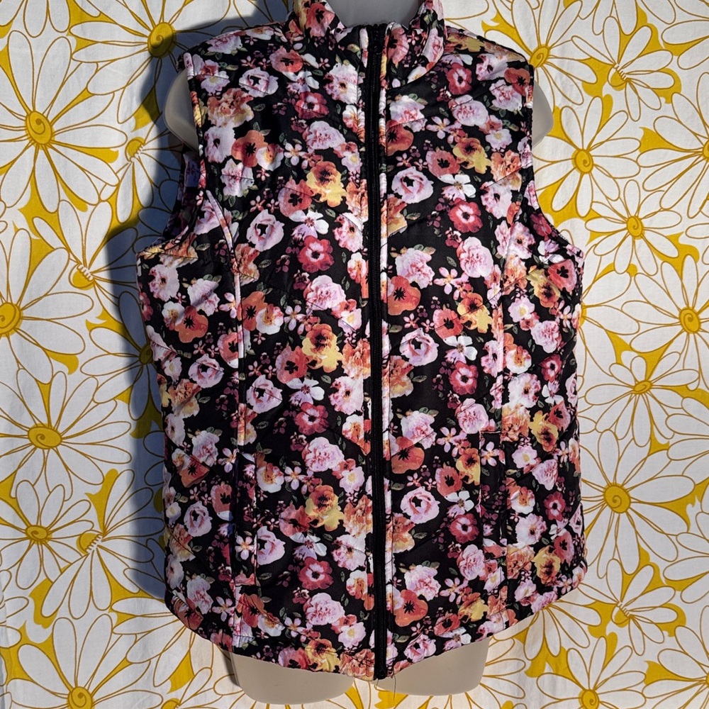 Hannah Floral Puffer Vest - Black, Pink, Yellow